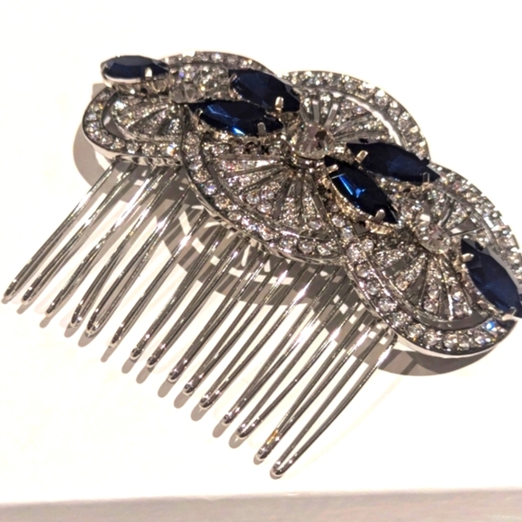 Wedding Hair Comb Navy Blue Bridal Veil Accessory + Earings - BNIB - Picture 5 of 8